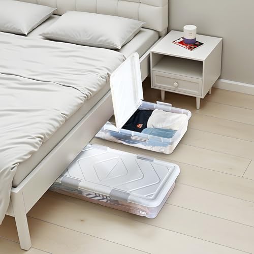 VEVOR Under Bed Storage with Wheels, 31.7 x 15.6 x 6.9 inch Underbed Containers, Underbed Shoes Organizer with Lid & Gray Latch, Rolling Under the Bed Storage Bins for Clothes Shoes Blankets, 4 Pack
