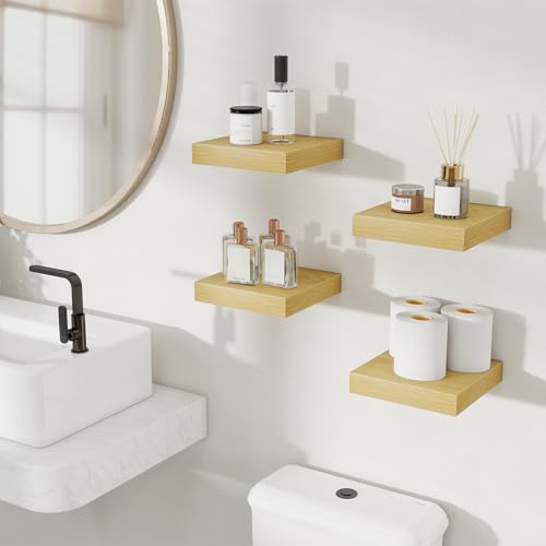 Fun Memories Floating Shelves for Wall, 8 Inch Set of 4 Rustic Wood Wall Shelves with Invisible Brackets, Heavy Duty Storage Display for Bathroom Bedroom Living Room Kitchen, Oak - color: Oak, size: 8"D x 8"L - 2Pack