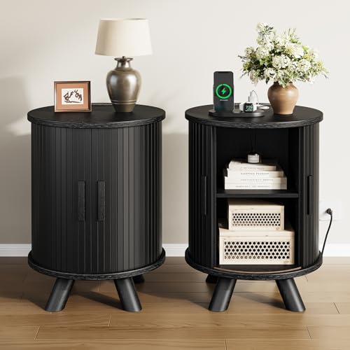Round End Table with Storage - Fluted Side Table with Charging Station, Wood Nightstand with Sliding Tambour Door for Bedroom, Accent End Tables Living Room, Modern Bedside Table, Black