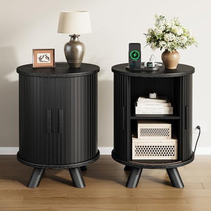 Round End Table with Storage - Fluted Side Table with Charging Station, Wood Nightstand with Sliding Tambour Door for Bedroom, Accent End Tables Living Room, Modern Bedside Table, Black