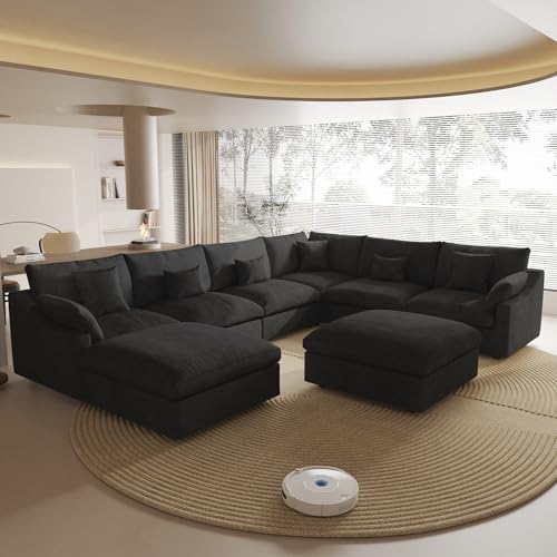 Cloud Couch Modular Sectional Sofa,160" U Shaped Couch, Convertible Wide Seater with Ottoman, 8 Seater for Living Room Set,Covers Washable&Replaceable,Black - color: Black, size: 8 Seater