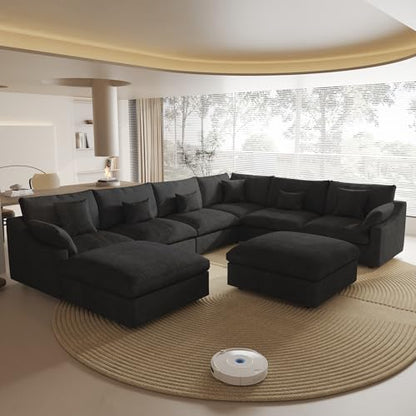 Cloud Couch Modular Sectional Sofa,160" U Shaped Couch, Convertible Wide Seater with Ottoman, 8 Seater for Living Room Set,Covers Washable&Replaceable,Black - color: Black, size: 8 Seater