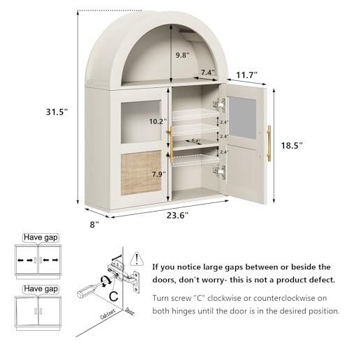 RUSTOWN Arched Bathroom Wall Cabinet with 2 Glass & Rattan Doors | Rattan Medicine Cabinet, Farmhouse Over the Toilet Storage Cabinet, Adjustable Shelves, 3-Tier Wall Mounted Cabinets - color: Rustic White