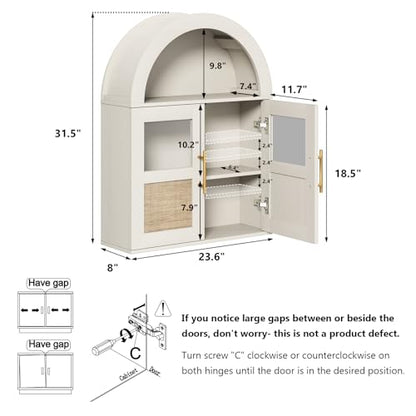 RUSTOWN Arched Bathroom Wall Cabinet with 2 Glass & Rattan Doors | Rattan Medicine Cabinet, Farmhouse Over the Toilet Storage Cabinet, Adjustable Shelves, 3-Tier Wall Mounted Cabinets - color: Rustic White