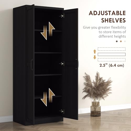 HOMCOM 63" 2-Door Kitchen Pantry 5-Tier Black Wood Grain | Freestanding Storage Cabinet, Shelving, 2 Adjustable Shelves, for Dining Room - color: Black