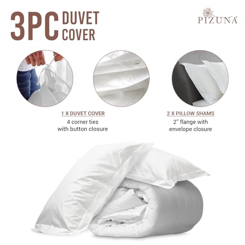 Pizuna Pure 100% Cotton Full Duvet Cover Set, Luxurious 400 Thread Count Long Staple Cotton Sateen Weave with Button Closure (Combed White Cotton Duvet Cover Full) | Long Staple Combed Cotton Sateen Weave 3 Piece Luxurious Cool Full Comforter Cover with H