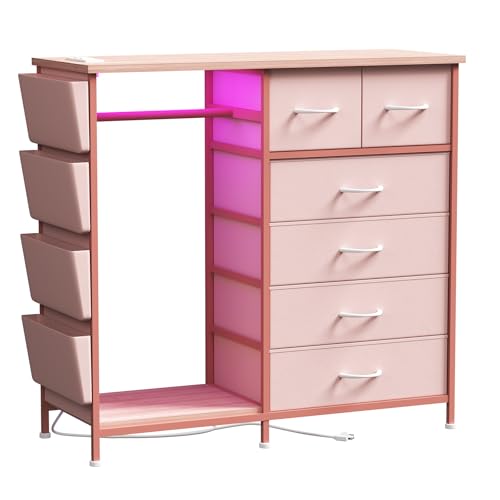 6 Drawer Dresser for Bedroom with Clothes Rack, Clothes Dresser with Side Pockets and Hooks, Charging Station & LED Lights, Wooden Top, Fabric Storage (Pink) - color: Pink