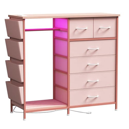 6 Drawer Dresser for Bedroom with Clothes Rack, Clothes Dresser with Side Pockets and Hooks, Charging Station & LED Lights, Wooden Top, Fabric Storage (Pink) - color: Pink