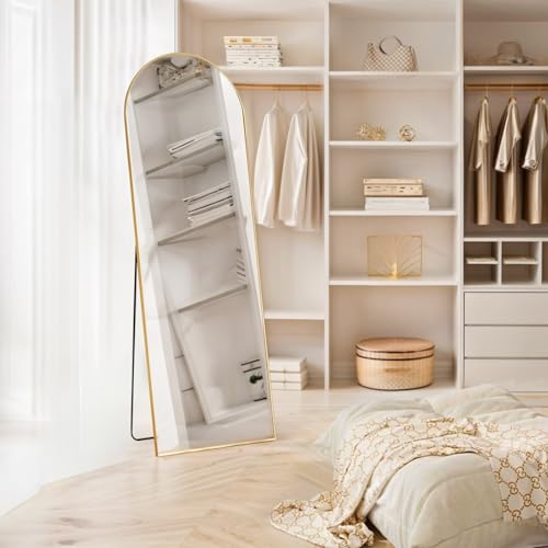 Arched Mirror Full Length, 16"x59" Body Wall Mirrors with Shatter-Proof Glass, Floor Standing, Hanging or Leaning, Tall Arch Mirror with Stand Aluminum Alloy Frame for Bedroom Cloakroom - color: Gold, size: 59"L x 16"W, style: Arched