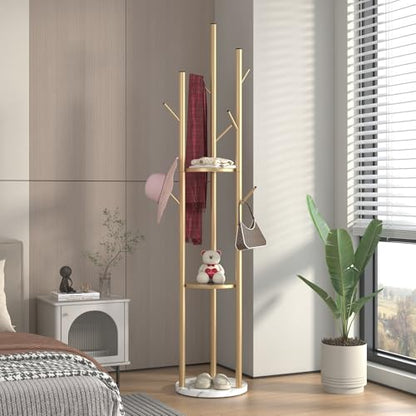 TIEOU Metal Coat Rack, Gold Coat Racks Freestanding with Shelves and Marble Base, Coat Tree with 9 Hooks for Scarves, Bags, Modern Coat Rack Stand for Entryway, Living Room, Bedroom, Easy Assembly - color: CK-Three-gold