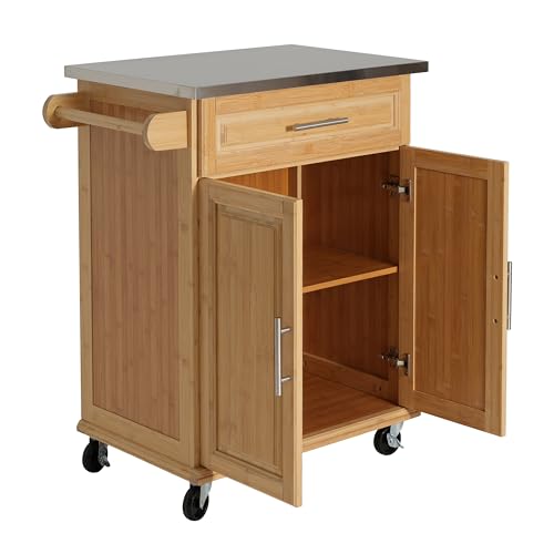 Christopher Knight Home ZAH Bamboo Rolling Cart with Drawers, Kitchen Bar Cart on Wheels with Stainless Steel Top, Mobile Rolling Kitchen Cart Storage Cabinet, Serving Cart, 29.13'' x 18.5'', Natural - size: Small