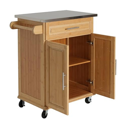 Christopher Knight Home ZAH Bamboo Rolling Cart with Drawers, Kitchen Bar Cart on Wheels with Stainless Steel Top, Mobile Rolling Kitchen Cart Storage Cabinet, Serving Cart, 29.13'' x 18.5'', Natural - size: Small