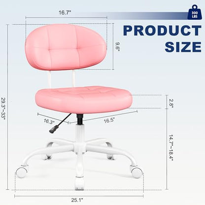 Misolant Vanity Chair with Back, Small Armless Cute Office Chair with Wheels and Lumbar Support, Comfy PU Leather Desk Computer Chairs with Adjustable Height, 360°Swivel for Home Bedroom Office, Pink - color: Pink