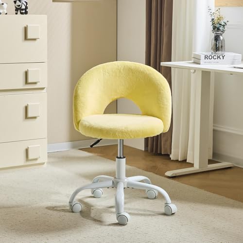 VINGLI Small Vanity Chair with Faux Fur Wheels for Girls,Cute Adjustable Height Armless Office Desk Chair,360°Swivel Comfy Rolling for Study,Make up Room,Small Space,Yellow - color: Furry Yellow