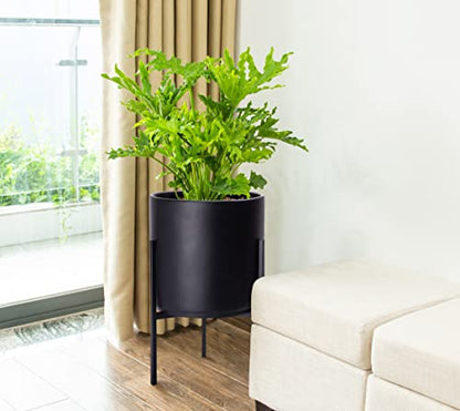D'vine Dev Cylinder Planter Pot with Metal Stand, Black, 10 in, 96-T-B-2 | Durable Fiberclay Construction, Sleek Modern Design, Heavy-Duty Iron Stand, Drainage Hole & Saucer, Elegant Indoor Display - color: Black, size: Medium 10 Inch