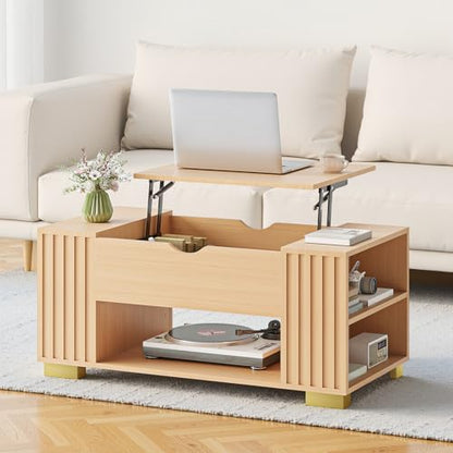 COMHOMA Lift Top Coffee Tables for Living Room, 39" Center Table with Hidden Storage Compartment, Adjustable Wooden Tea Table for Small Spaces, Natural Oak - color: Natural Oak