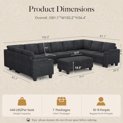 Belffin Oversized U Shaped Modular Sectional Couches for Living Room 10 Seater Modular Sofa Set with Storage Ottoman Large Sectional Couch with Cup Holder. Dark Grey Sofa - color: Dark Grey, size: 10-seater sofa