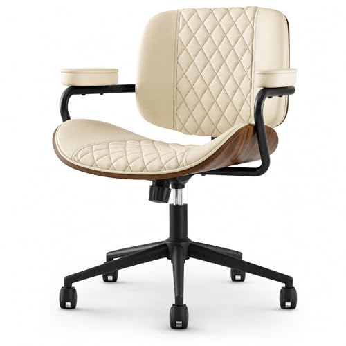 Home Office Desk Chair with Wheels, Armless Adjustable Height PU Leather Office Chair, Mid Back Ergonomic Computer Chair, Walnut Curved Seat Design No-Arm Chair (GX-9006-Armrests-White) - color: Gx-9006-armrests-white