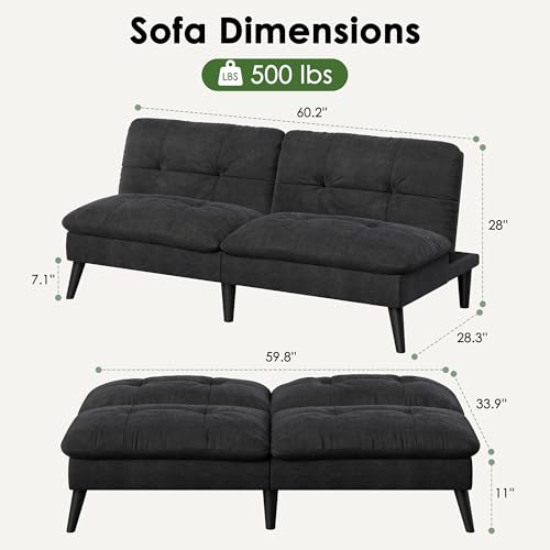 Vongrasig Futon Sofa Bed Velvet Futon Couch with Adjustable Backrest, Small Convertible Folding Sleeper Sofa Bed, Modern Loveseat for Living Room, Bedroom and Small Space, Black - color: Black