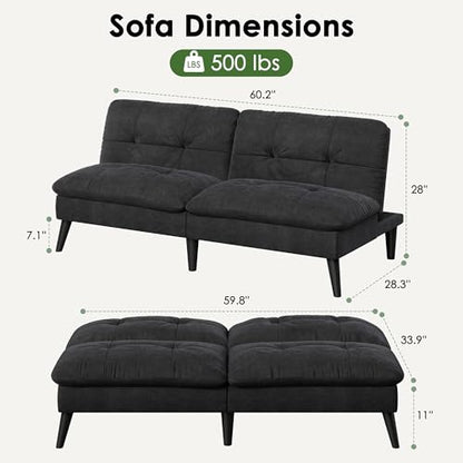 Vongrasig Futon Sofa Bed Velvet Futon Couch with Adjustable Backrest, Small Convertible Folding Sleeper Sofa Bed, Modern Loveseat for Living Room, Bedroom and Small Space, Black - color: Black