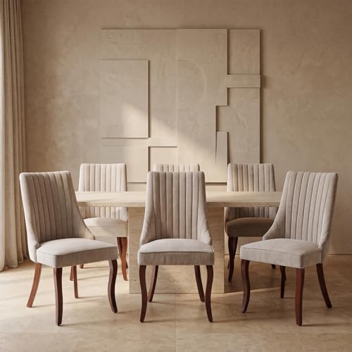 Upholstered Dining Chairs Set of 6, High Back Side Chairs for Kitchen and Dining Room, Mid-Century Modern Fabric Seating with Solid Wood Legs, Beige - color: Beige, size: Set of 6