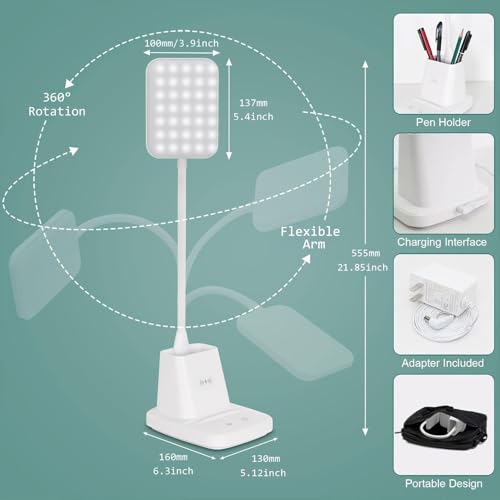 LED Desk Lamp with 10W Wireless Charging & Pen Holder, Snow White | CRI 95, 800LM, Stepless Dimming, 3 Modes, 360°Flexible Arm, Touch, Study Table Lamp for Home Office, Dorm Room, with Adapter - color: Snow White