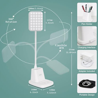 LED Desk Lamp with 10W Wireless Charging & Pen Holder, Snow White | CRI 95, 800LM, Stepless Dimming, 3 Modes, 360°Flexible Arm, Touch, Study Table Lamp for Home Office, Dorm Room, with Adapter - color: Snow White