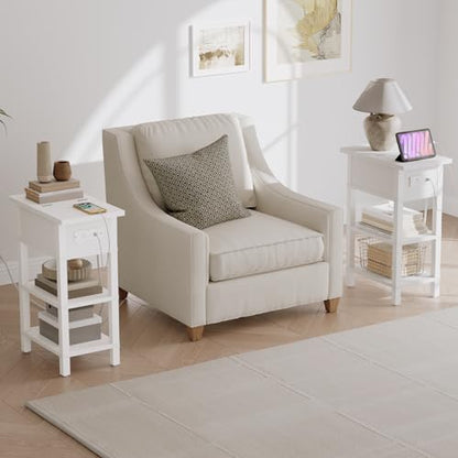 HOOBRO End Table with Charging Station, Flip Top Side Table with USB Ports, Narrow Nightstand Bedside Tables with Storage Shelves, for Small Space, Living Room, White WT141UBZ01 - color: White