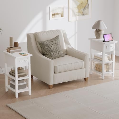 HOOBRO End Table with Charging Station, Flip Top Side Table with USB Ports, Narrow Nightstand Bedside Tables with Storage Shelves, for Small Space, Living Room, White WT141UBZ01 - color: White