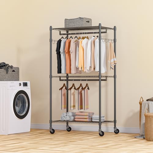 Homdox Narrow Rolling Garment Rack with Double Rods and 3 Adjustable Shelves, Compact Portable Closet Organizer for Bedroom, Dorm, Laundry Room, 23.62" W x 16.54" D x 80.71" H, Gray - color: Grey, size: 16.54"D x 23.62"W x 80.71"H
