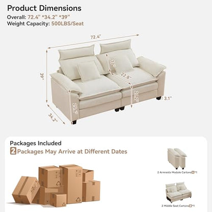 72'' Cloud Modern Loveseat Couch with Detachable Headrest, Modular Sectional Sofa Couch Deep Love Seat, Oversized 2 Seater Chenille Comfy Sofa with Armrests for Living Room, Beige - color: Beige, size: Loveseat