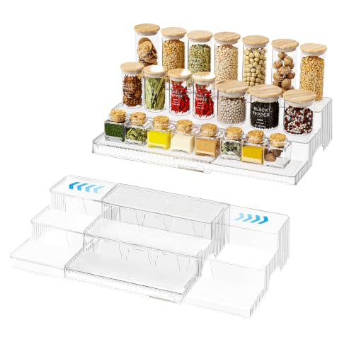 3-Tier Expandable Clear Spice Rack Organizer 2 Pack Adjustable Tiered Seasoning Shelf with Non-Slip Textured Surface, Multi-Purpose Cabinet Organizer for Kitchen Pantry Countertop Vanity