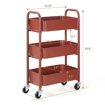 SunnyPoint 3-Tier Delicate Compact Rolling Metal Storage Organizer - Mobile Utility Cart Kitchen/Under Desk Cart with Caster Wheels (RED, 15.35" X 10.24" X 26.8"H) - color: Red
