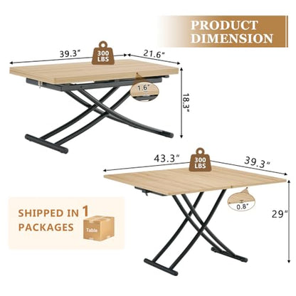 Adjustable Height Coffee Table, 4-in-1 Folding Dining Table, Oak | Convertible lift top table for use as a coffee table, dining table, home office desk or vanity - color: Oak & Black Legs