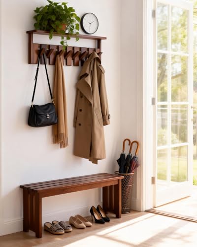 Wooden Coat Rack Wall Mount with Shelf, Heavy Duty Entryway Organizer with 8 Hooks,Coat Hooks Hanger for Coats, Hats, Bags & Towels, Walnut Wall Hanger for Hallway, Bedroom, Kitchen (8 Hooks) - size: 8 Hooks