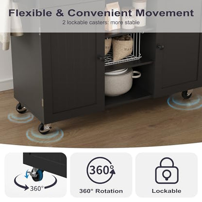 Furnify Kitchen Island with Wheels & Drawers, Kitchen Island Cart, Black | Rolling Kitchen Island with Drop Leaf, Mobile Kitchen Storage Cabinet with Towel Rack & Spice Rack for Dining Room, Kitchen