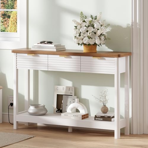Fluted 47.2" Console Table with Outlets and USB C, Narrow Entryway Table with 3 Drawers, Modern Farmhouse Wood Sofa Table Behind Couch for Living Room, White & Walnut - color: Entryway Table-white