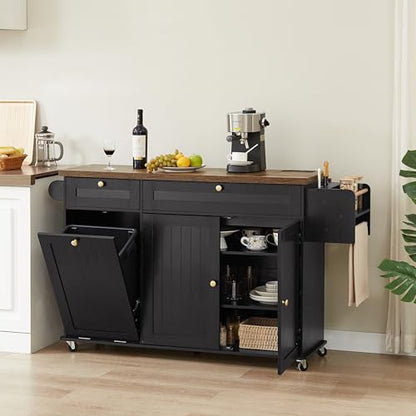 60" Kitchen Island with Power Outlet & Drop Leaf, Rolling Island with Spice Rack & Towel Rack, Kitchen Island Cart with Trash Storage Cabinet, Island Table for Kitchen, Black+Rustic Brown - color: Black+rustic Brown