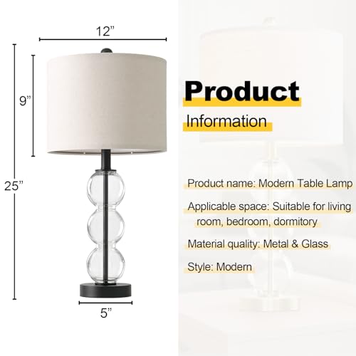 25" Glass Table Lamps Set of 2, Black Modern Table Lamps with USB Ports for Living Room, Linen Shade Bedside Lamps for Bedroom, Nightstand, Side Table (Bulbs not Included) - color: Black