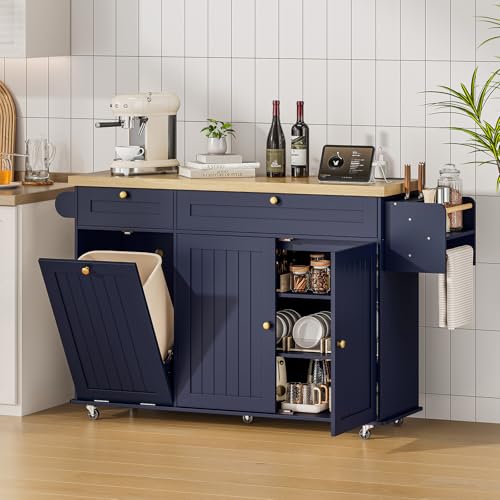 60" Kitchen Island with Power Outlet & Drop Leaf, Rolling Island with Spice Rack & Towel Rack, Kitchen Island Cart with Trash Storage Cabinet, Island Table for Kitchen, Blue - color: Blue