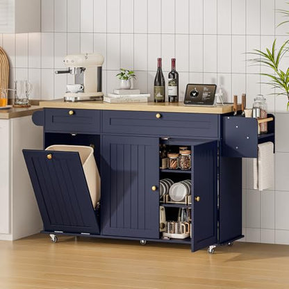 60" Kitchen Island with Power Outlet & Drop Leaf, Rolling Island with Spice Rack & Towel Rack, Kitchen Island Cart with Trash Storage Cabinet, Island Table for Kitchen, Blue - color: Blue