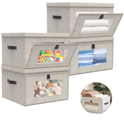 Magnetic Front Opening Fabric Storage Bins with Lids, 15x9.8x9.8in, 4Pack | Domsanistor Storage Box with Window for Closet, Shelf, Living Room,Beige - size: 15 Inch - 4 Pack
