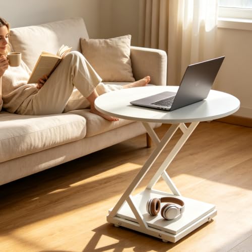20In Small Round Side Table, 2-Tier White End Table with Z-Shaped Metal Frame, Round Accent Coffee Table with Storage Shelf, Modern Sofa Side Table for Living Room, Bedroom - color: 20in-white