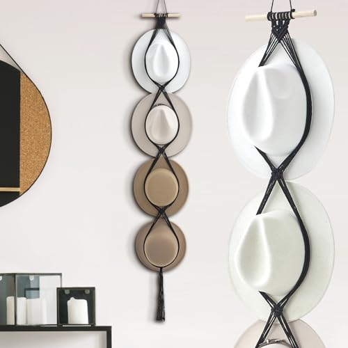 Macrame Hat Hangers Racks Boho Cowboy Hats Holders Western Display Organizer Storage decor Back of Door for Wall(Black,Four Hats Style) - color: Black, style: Four Hats Style