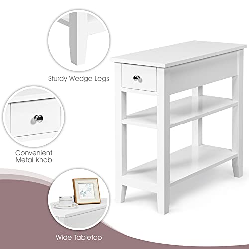 Narrow Side Table, 3-Tier Bedside Table with Drawer and Shelves, Tall Skinny Nightstand for Living Room, Bedroom, Small End Table for Small Spaces (2, White)