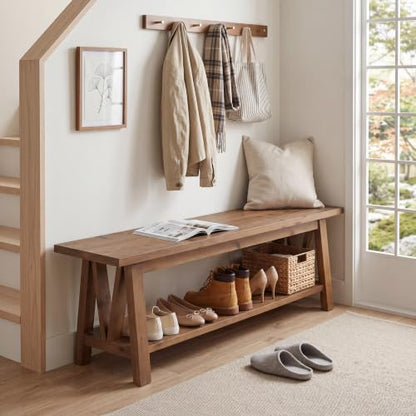 LITTLE TREE 55" Solid Wood Entryway Bench with Storage Shelf | Farmhouse Rustic Shoe Storage Bench Seat for Hallway, Living Room, Bedroom & Mudroom