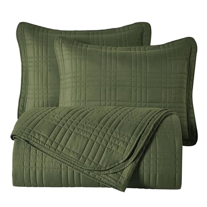 Chezmoi Collection Kingston Queen Size Bedspread Set, 3-Piece Olive Green Oversized Quilted Microfiber Lightweight Bedspread Coverlet (100"x106") for All Seasons - color: Olive Green, size: Queen
