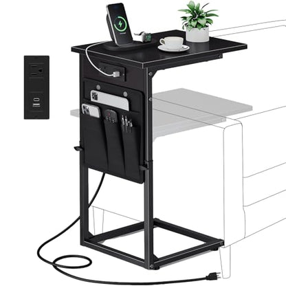 C Shaped End Table with Charging Station, Adjustable Height Side Table for Sofa, Couch Side Table for Small Spaces, Slide Under Sofa TV Tray Snack Arm Tables for Living Room, Bedroom, Black - color: Black, style: With Plug