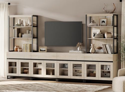 WAMPAT Modern TV Stand with 3 Tiers Bookshelf, Farmhouse Entertainment Center with 4 Drawers and Adjustable Shelf, Wooden Media TV Console with Glass Doors for Living Room, Beige - color: Beige-c