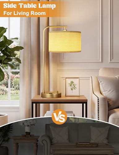 Innqoo Gold Table Lamp with Weaving lampshade, Table Lamp for Bedroom with USB Port and Outlet, Dimmable Nightstand Bedside Lamps with Linen Lampshade, Desk Lamp for Home Office, Living Room - color: I-Weaving Shade & Gold Base